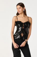 Sequin Ruffle Trim Tie Top