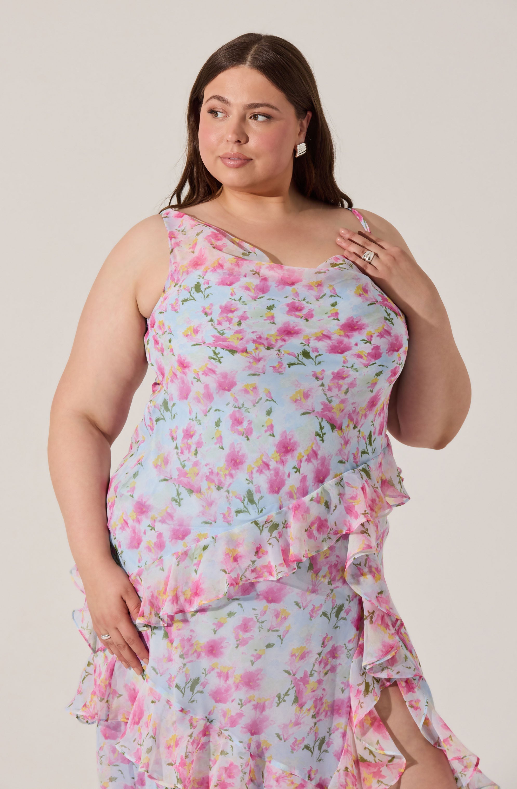 Levina Asymmetric Floral Ruffle Maxi Dress