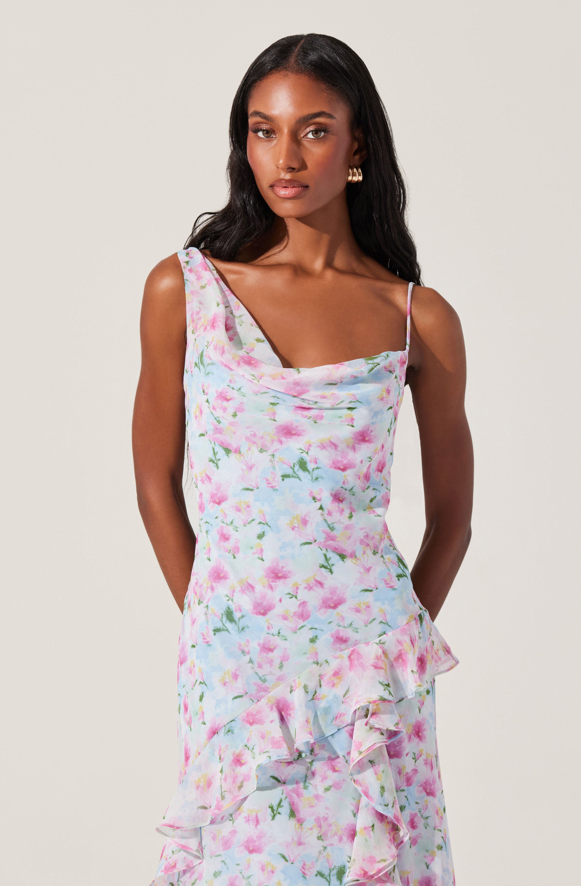 Levina Asymmetric Floral Ruffle Maxi Dress