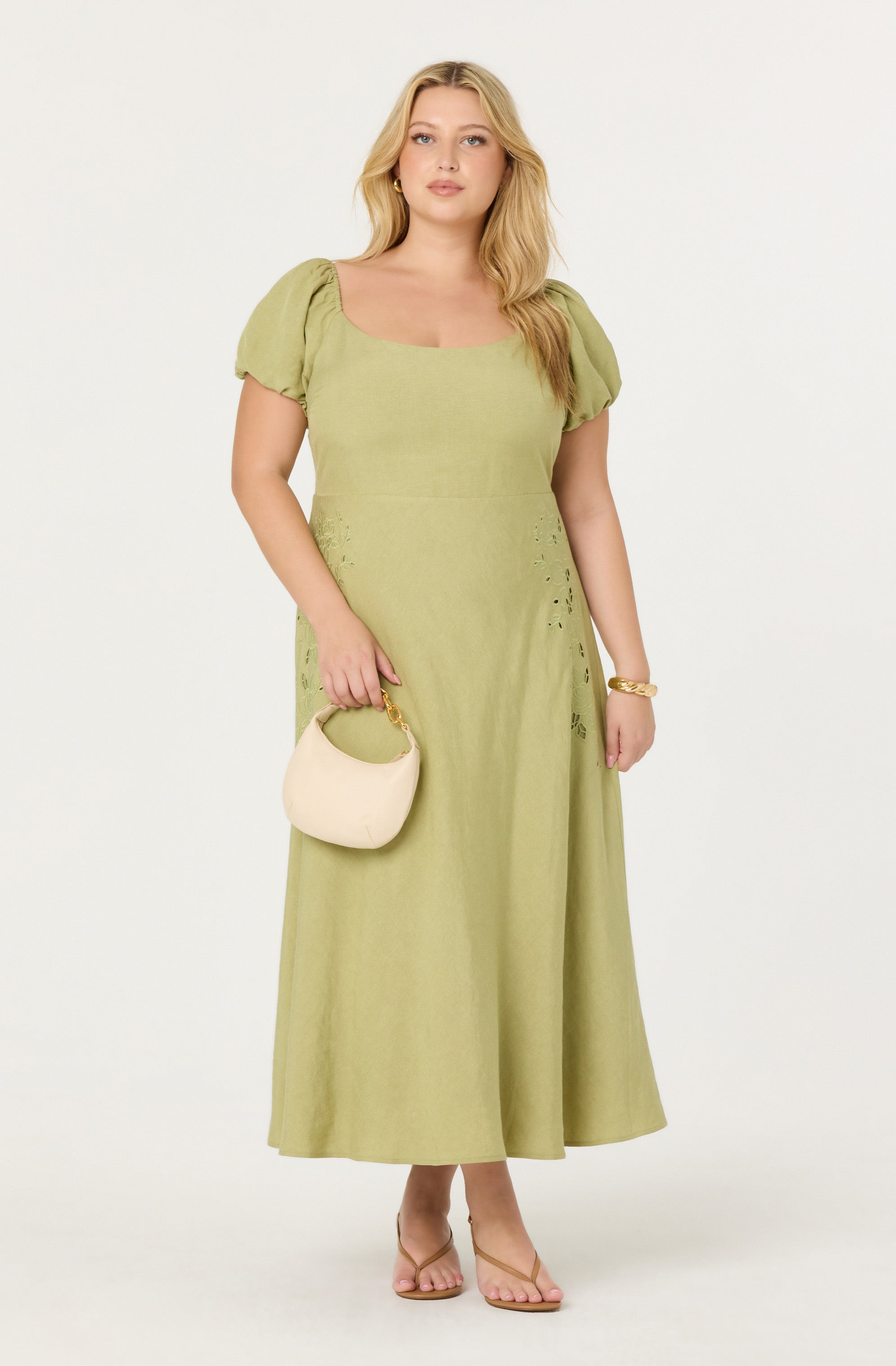 Leocadia Embroidered Puff Sleeve Midi Dress