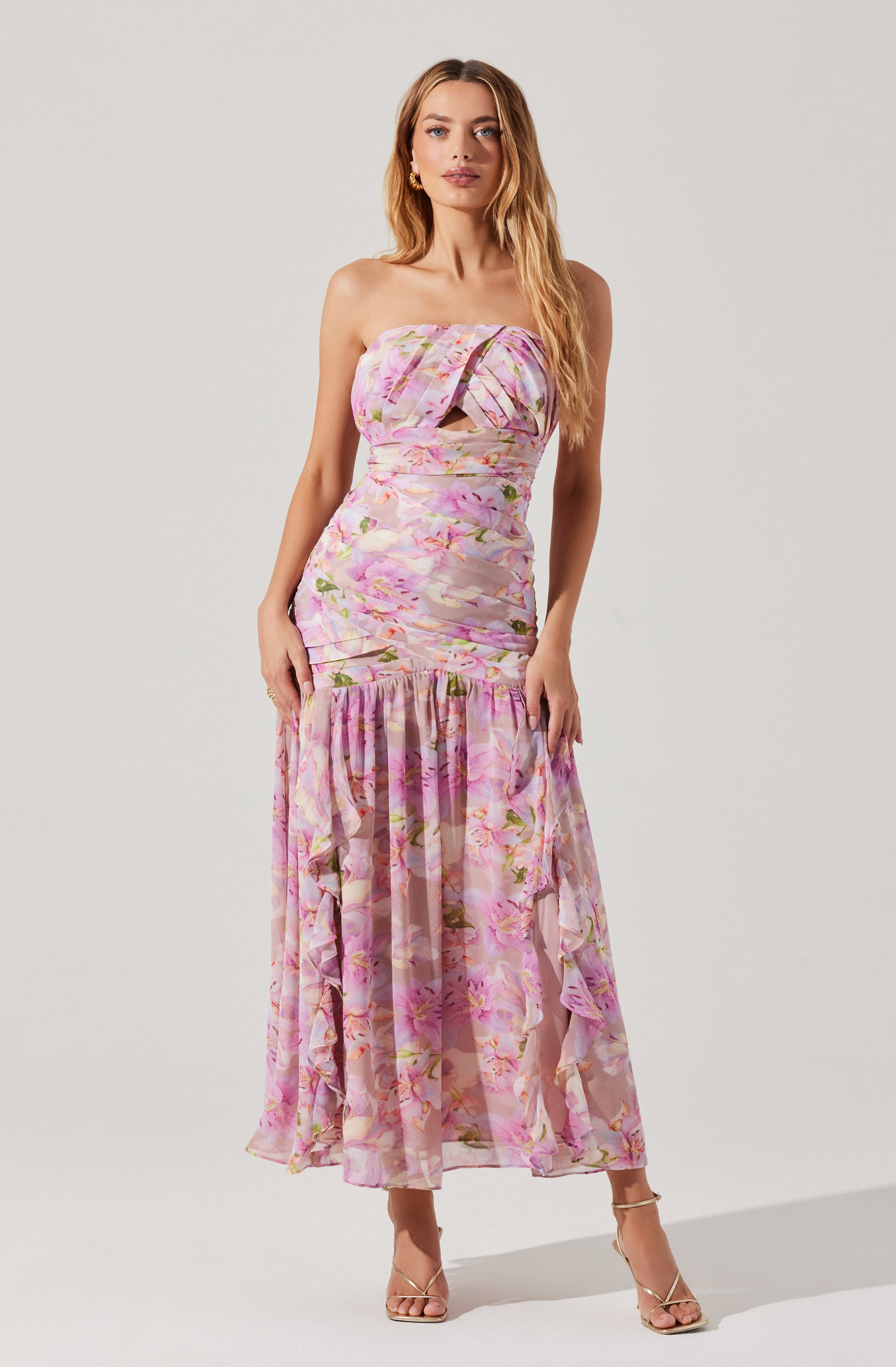 Estefany Strapless Pleated Floral Maxi Dress