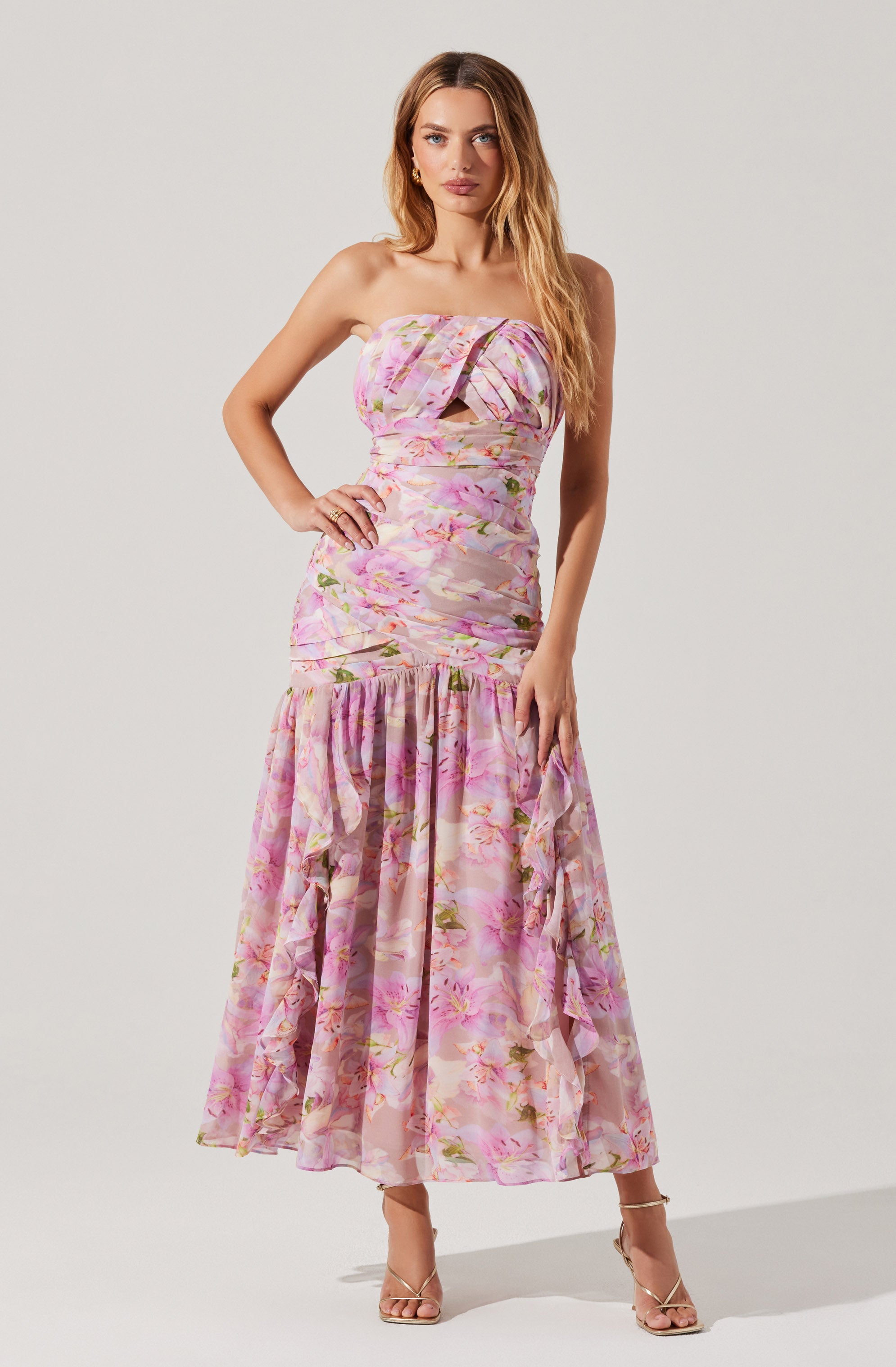 Estefany Strapless Pleated Floral Maxi Dress
