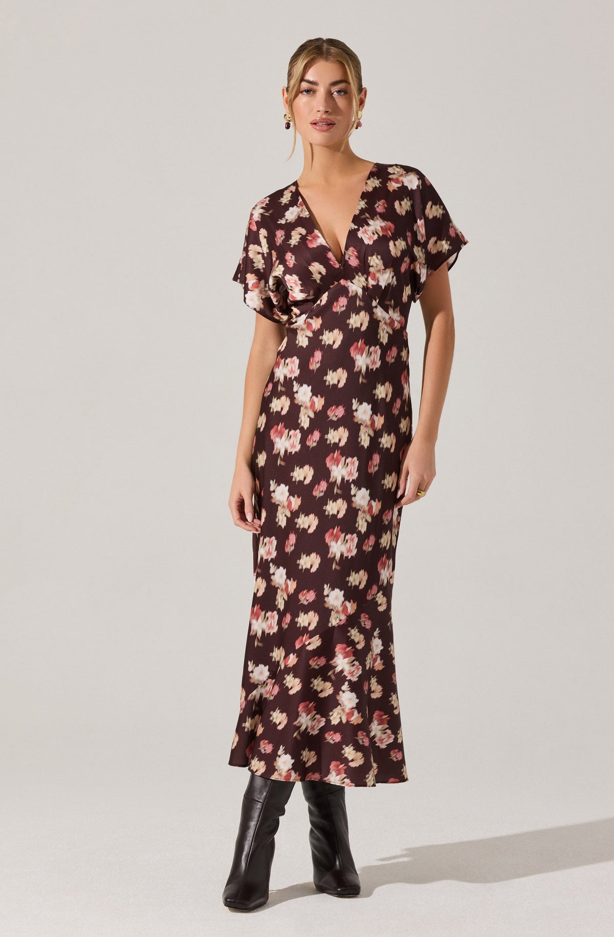 Talyha Floral Satin V-Neck Midi Dress
