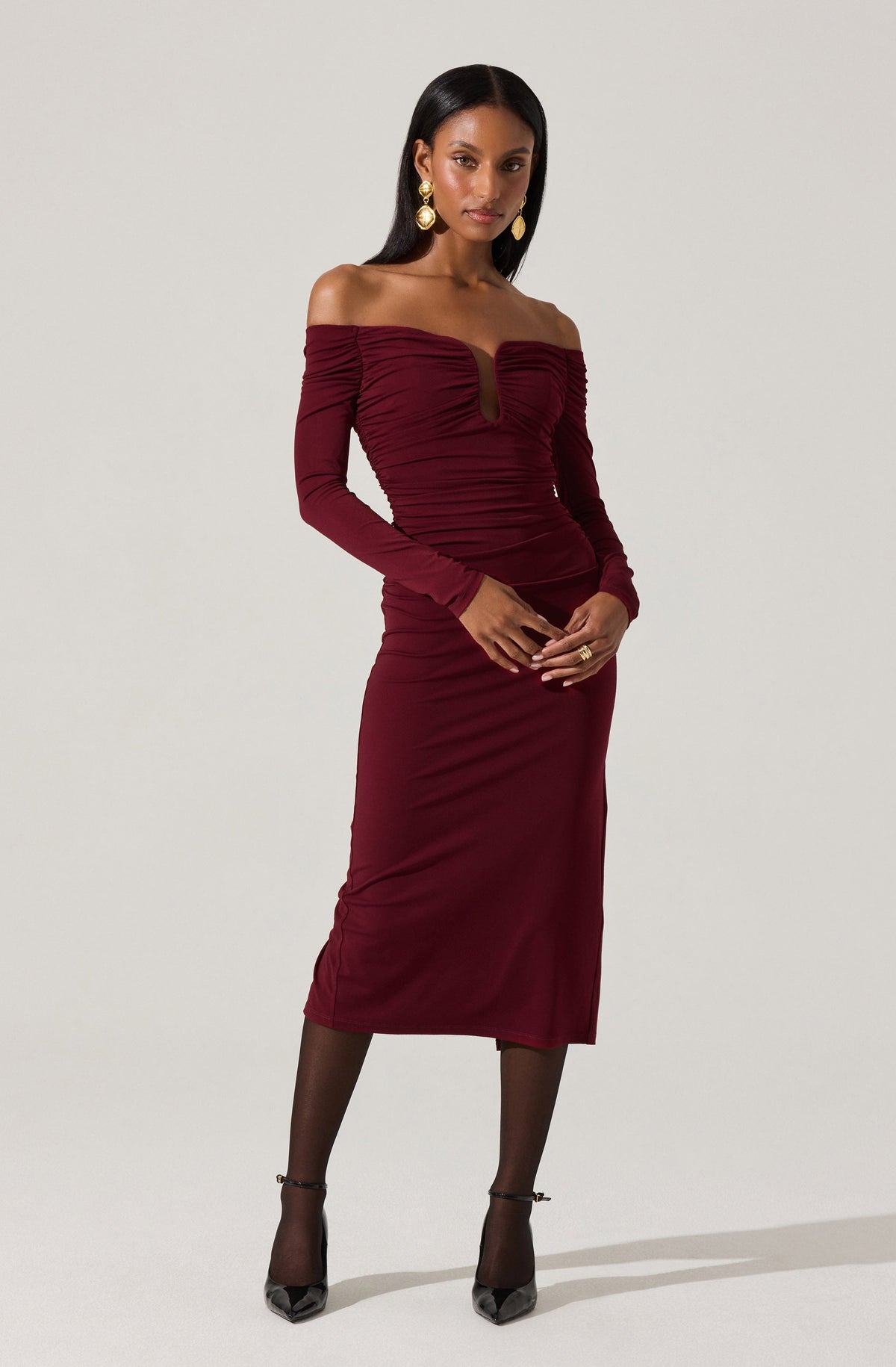 Lovinia Ruched Off Shoulder Midi Dress