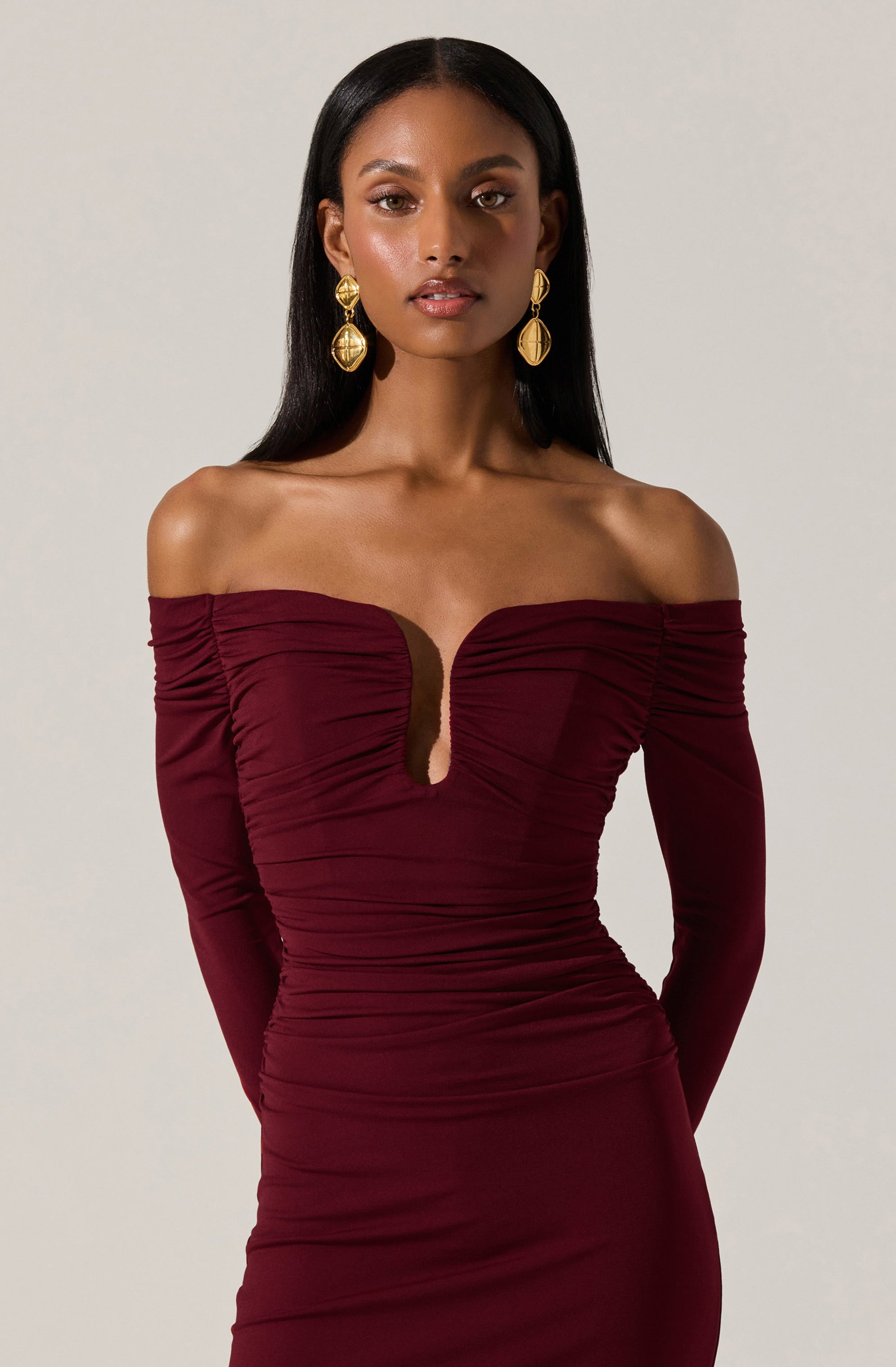 Lovinia Ruched Off Shoulder Midi Dress