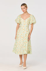 Mayra Floral Plissé Puff Sleeve Midi Dress