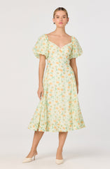 Mayra Floral Plissé Puff Sleeve Midi Dress