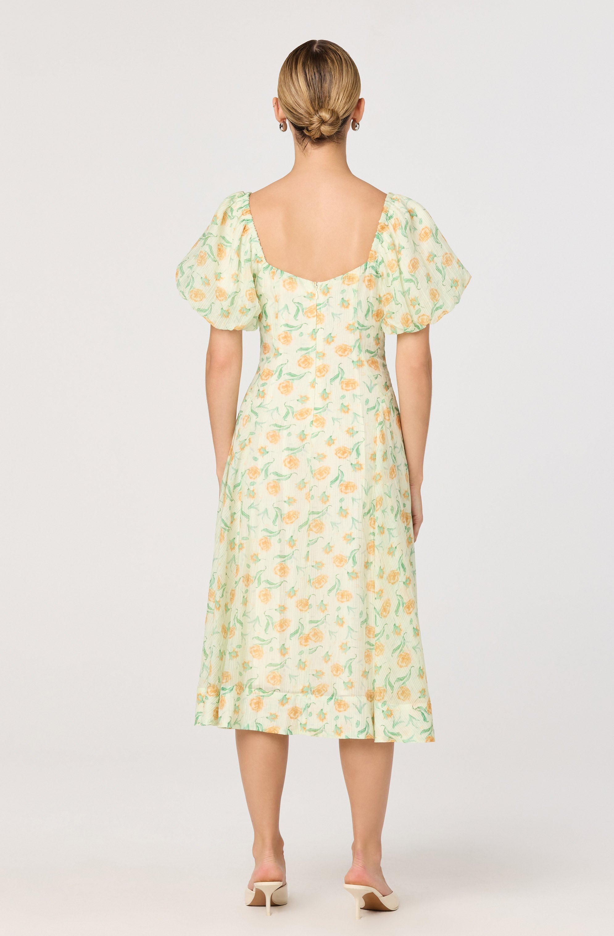 Mayra Floral Plissé Puff Sleeve Midi Dress