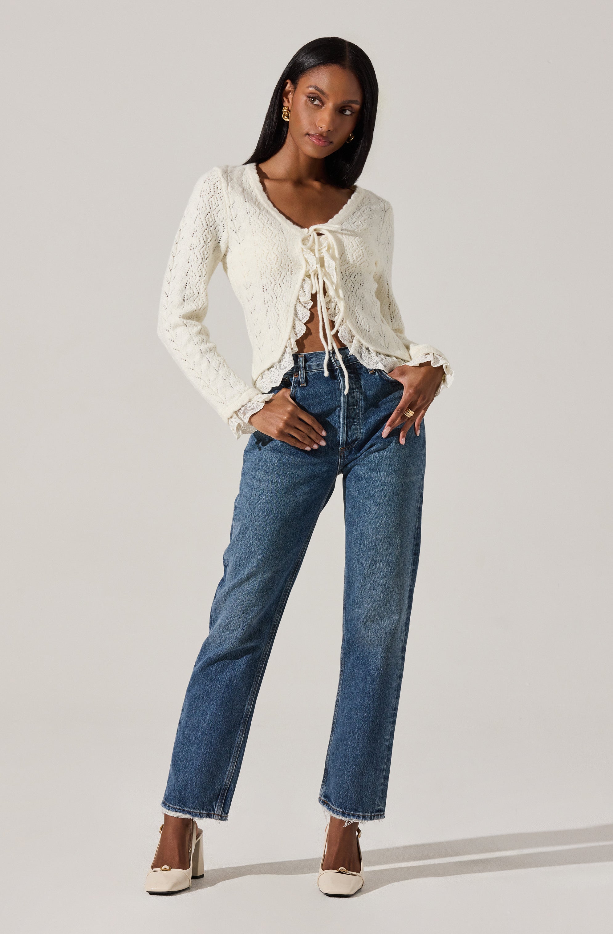Lacey Pointelle Tie-Front Cardigan