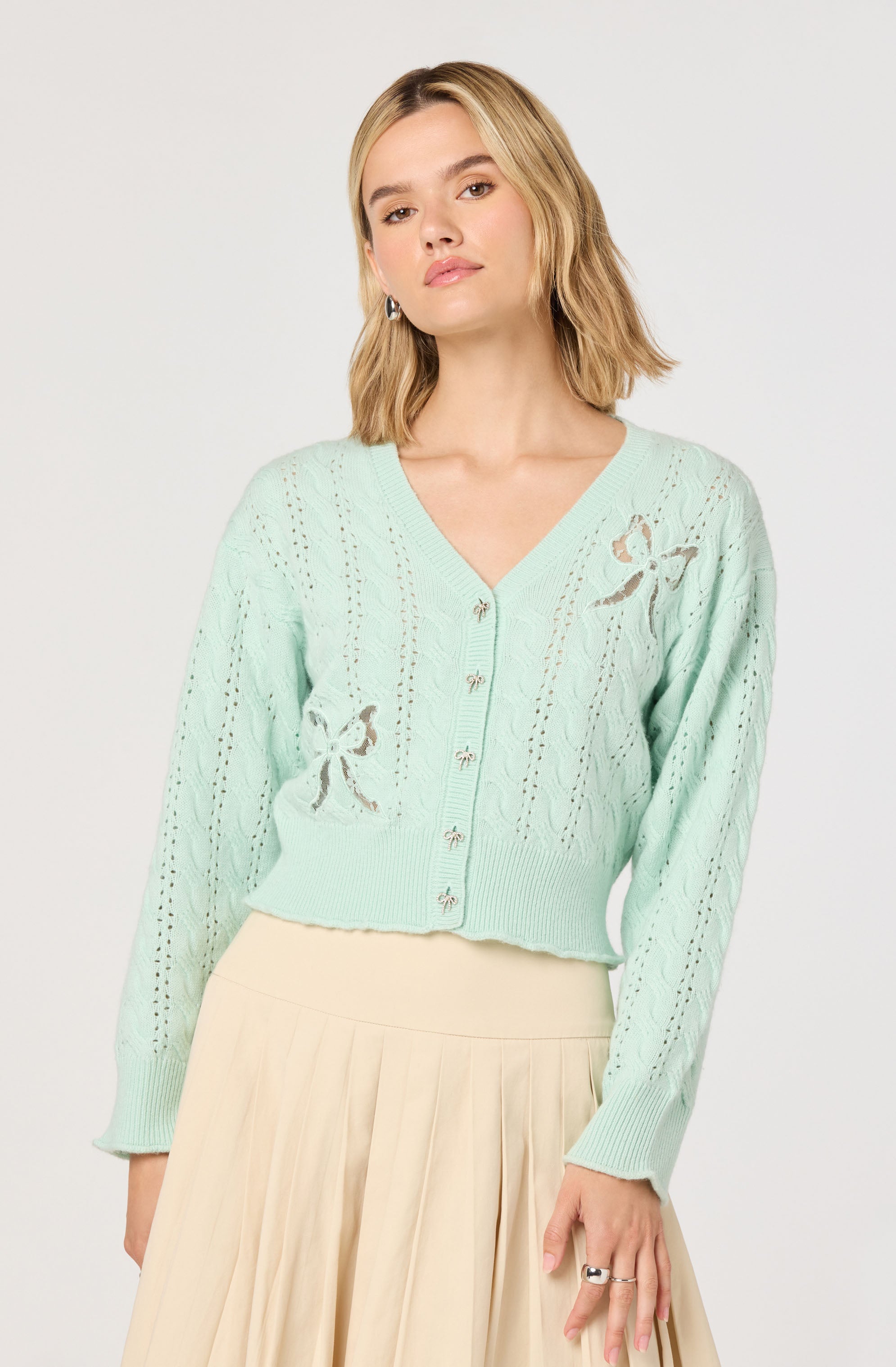 Kalen Cable-Knit Bow Cutout Cardigan