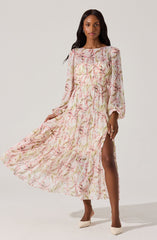 Pleated Chiffon Floral Midi Dress