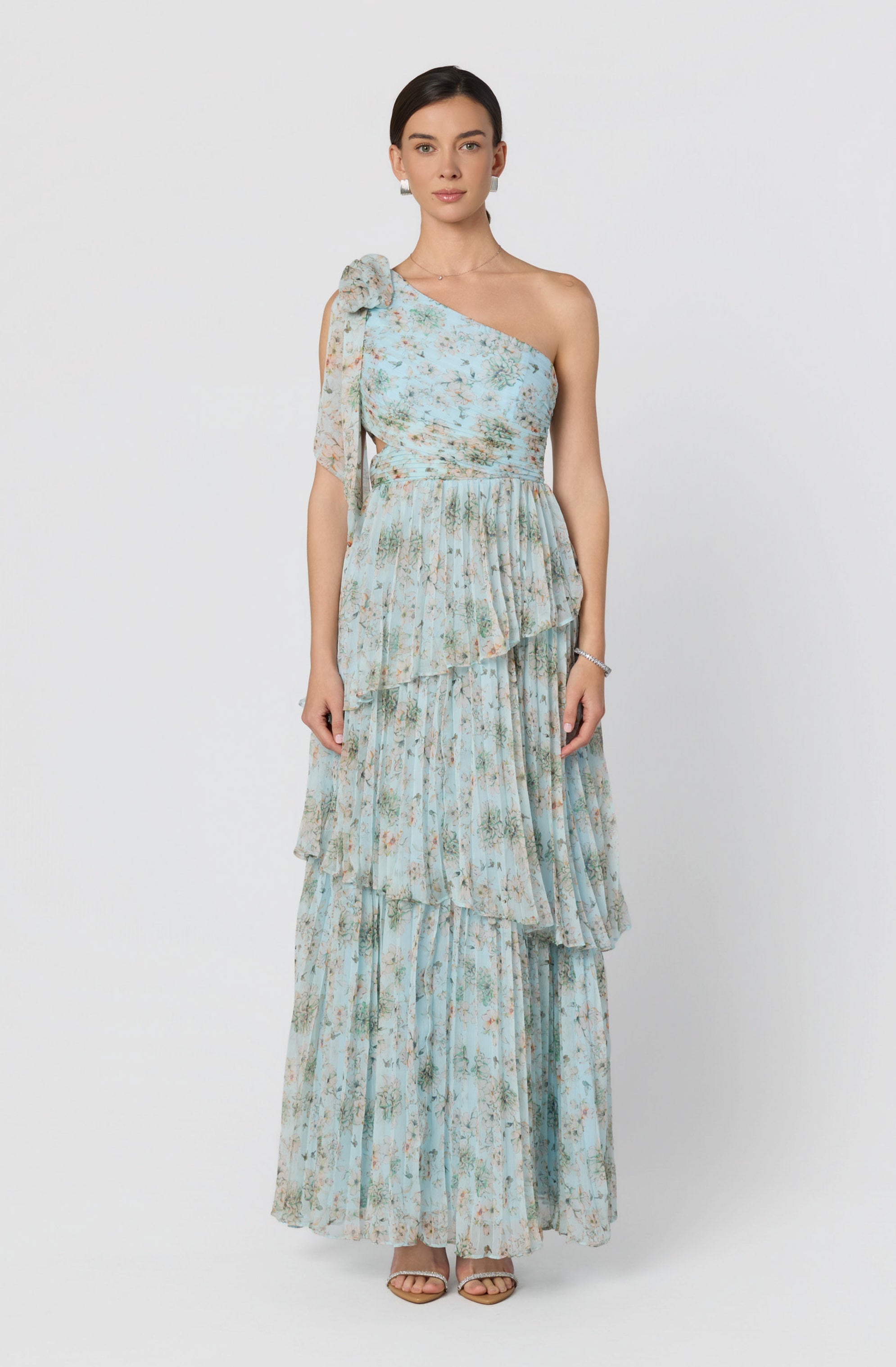Tearra Floral One-Shoulder Tiered Maxi Dress