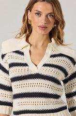 Striped Open Knit Polo Sweater