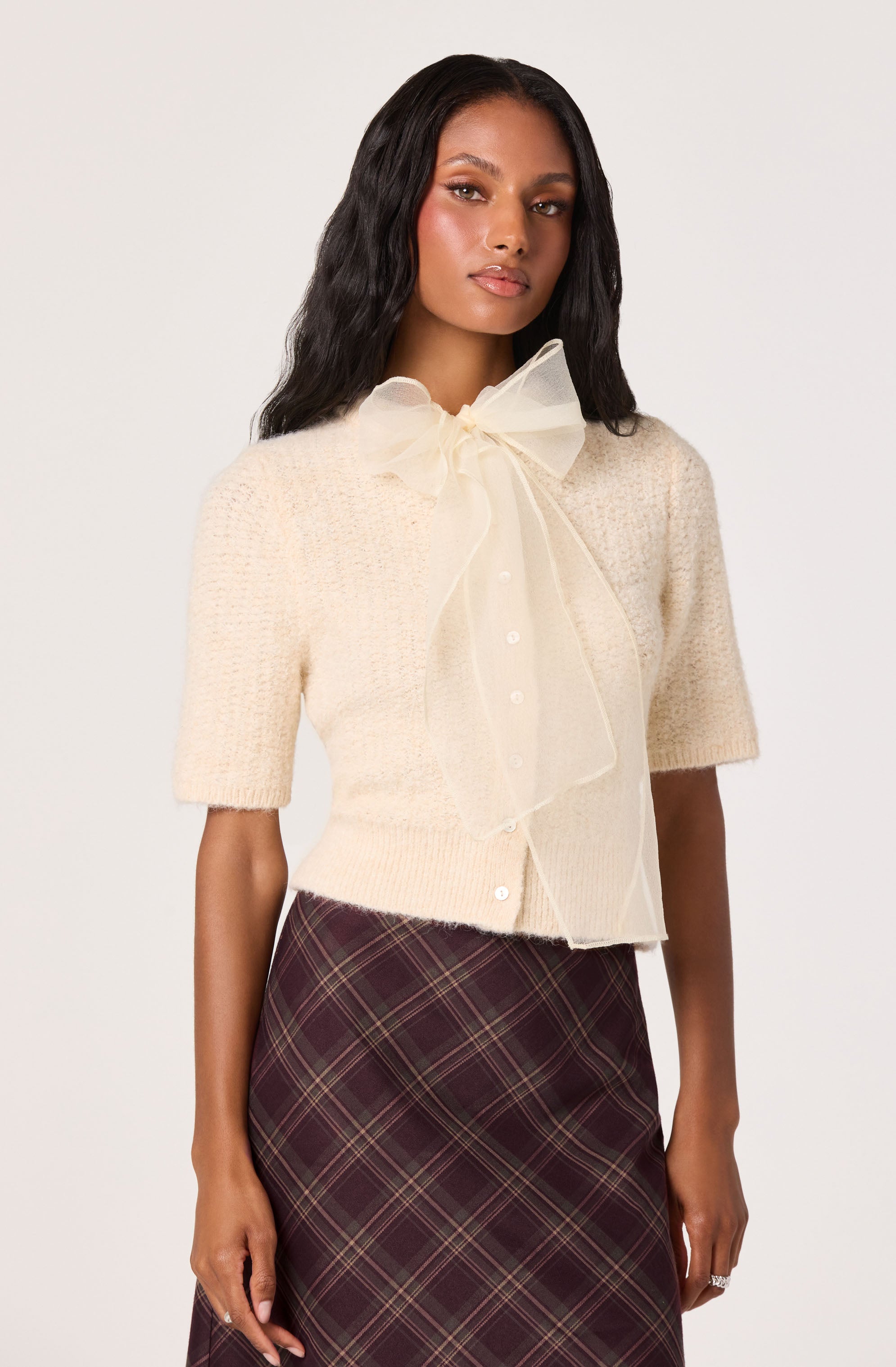 Organza Bow Short Sleeve Cardigan