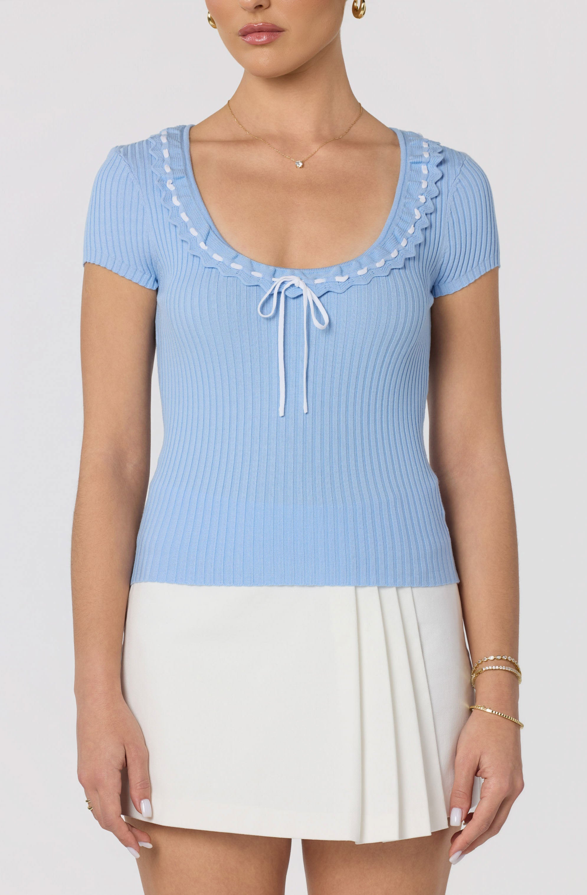 Lina Ruffle Trim Ribbed Sweater Top