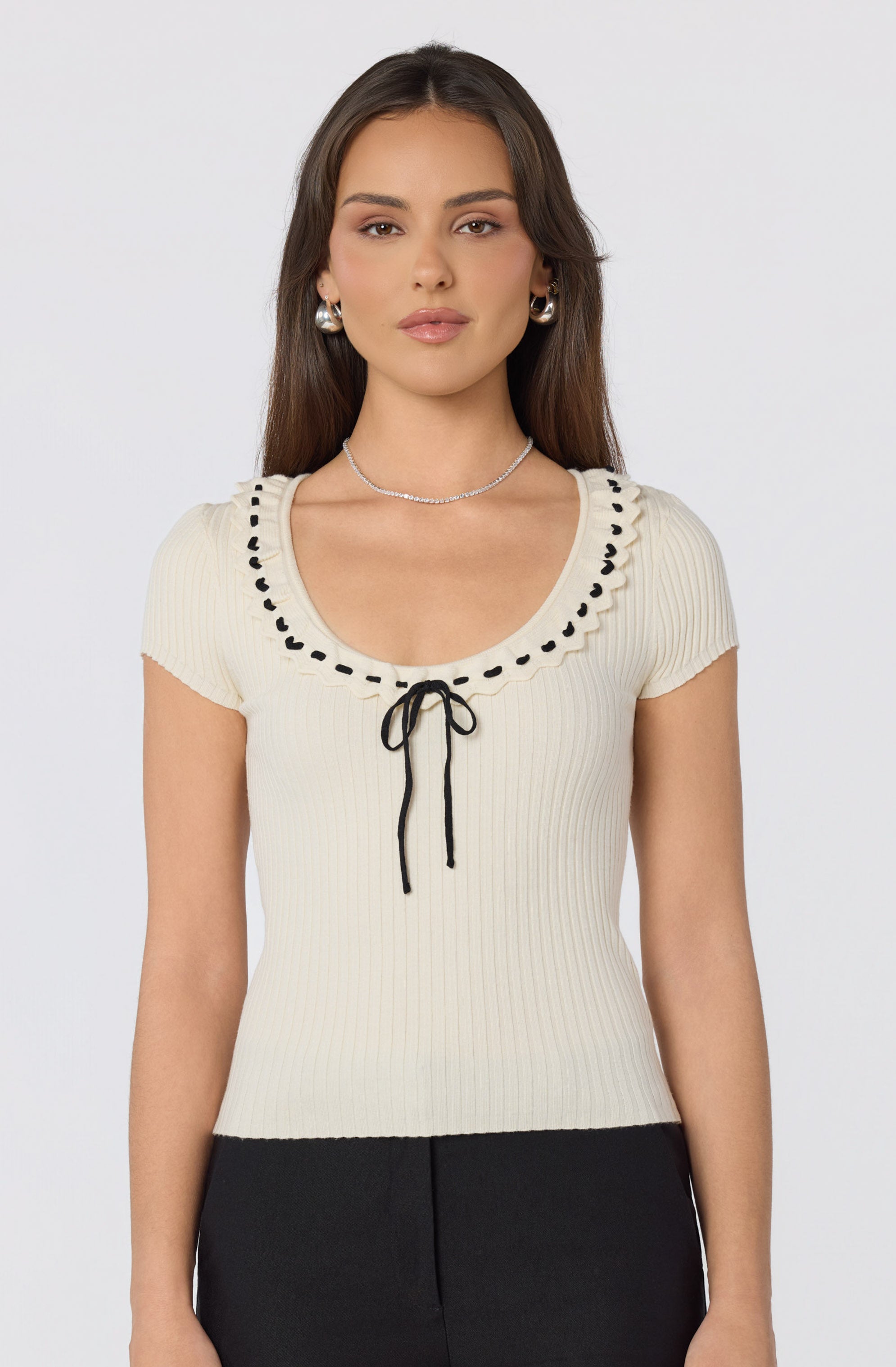 Lina Ruffle Trim Ribbed Sweater Top